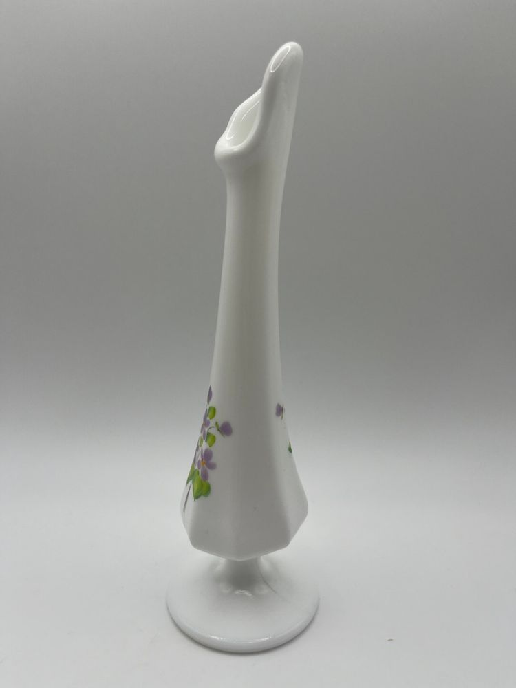 Fenton Glass Bus Vase Signed Hand Painted Floral Botanical Violets In The Snow