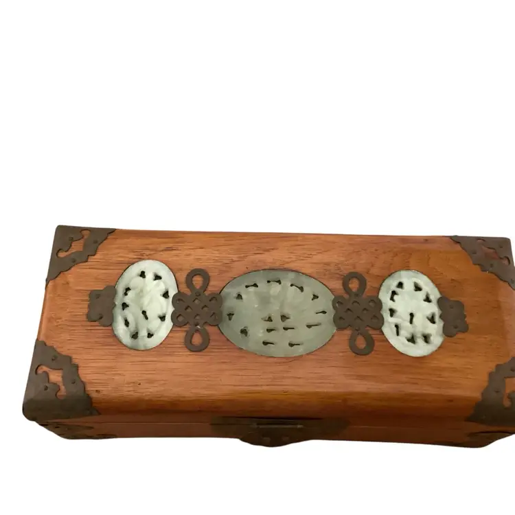 Vintage Chinese Wooden Jewelry Box with Ornate Brass & Jade Silk Lined