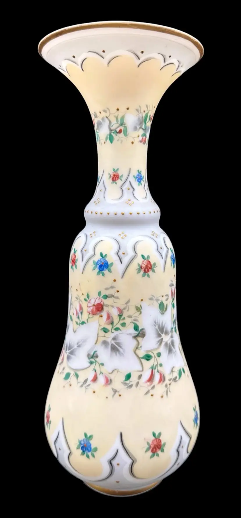 Antique Victorian Opaline Glass Vase Hand Painted Floral Gold Satin Yellow White