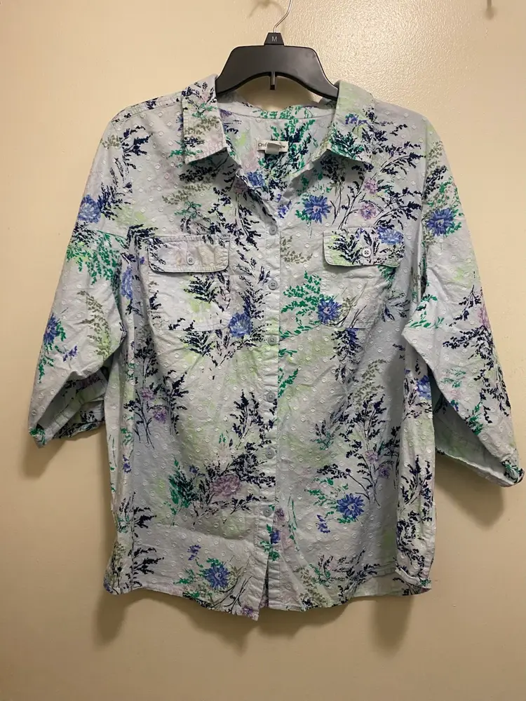 Croft & Barrow Womens Top Blouse Button Up 2X 2XL Blue & Green Floral Print