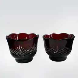 024. Two Ruby Cut To Clear Czech Glass Votive Holders 3.75” x 3”