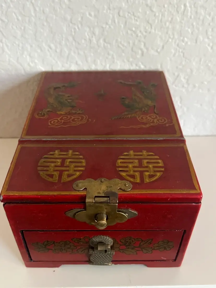 Vintage Chinese Dragon & Phoenix Lacquered Wood Folding Jewelry Box/Dowry Chest Brass Hinges Mirror Red