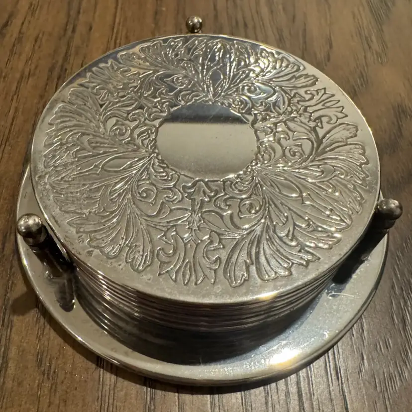 vintage silver plate coaster set of 6 with a matching holder, ornate floral design