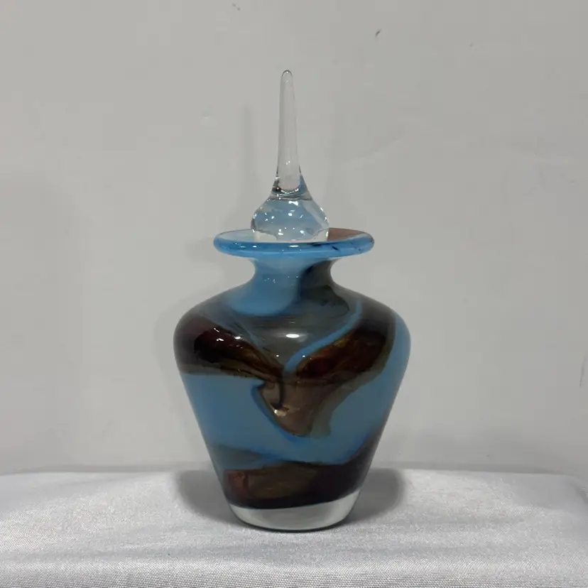 #1441 Art Glass, Brown And Blue Swirl Flare Lip Top Perfume Bottle With Clear Stopper Dauber