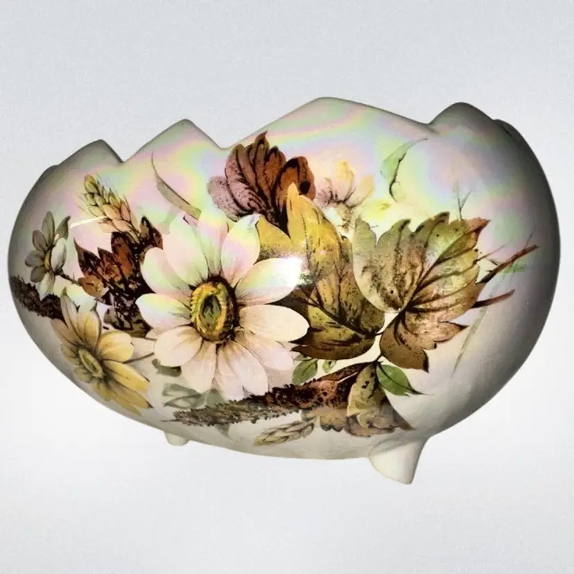 3 Legged Cracked Egg Floral Planter Bowl Signed LE Iridescent Glaze