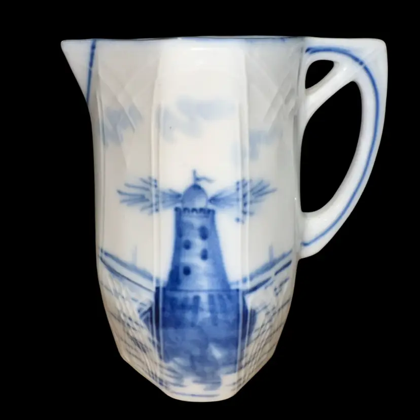 ANTIQUE DELFT BLUE WHITE PORCELAIN ART DECO LIGHTHOUSE CREAMER MILK PITCHER 5.5'