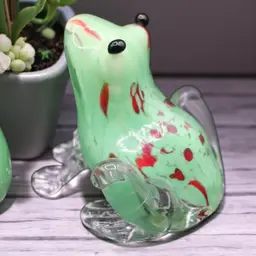 Mint Green Red Art Glass Frog Figurine 3 3/4” Tall