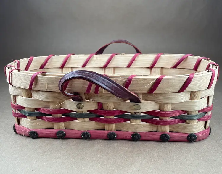 Vintage Amish Handcrafted Tri Color Oval Wooden Wicker Basket Leather Handles Solid Bottom