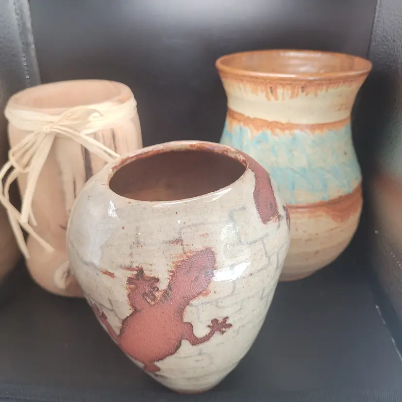 LOt of 3 Rustic Vases-Signed Stoneware-Rust-Turquoise-Signed Ceramic W/Gecko-Handcrafted Wood