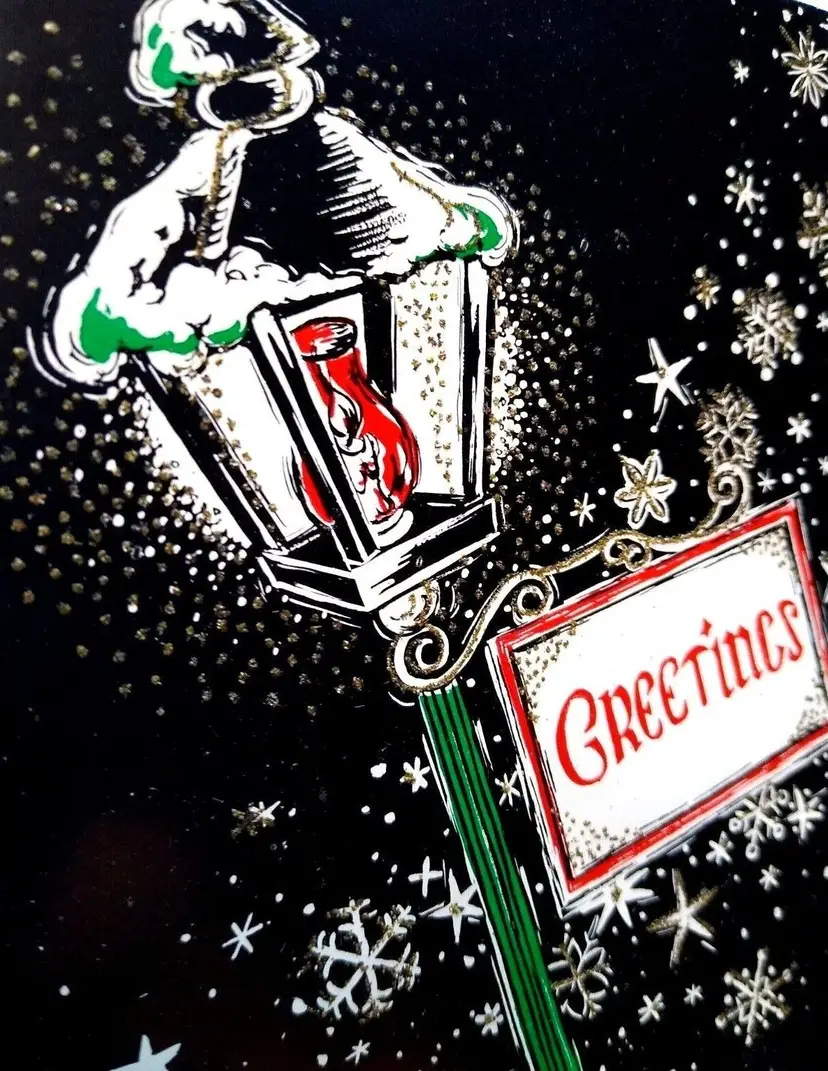 Christmas Greeting Card Gleam N Glitter Lamppost Snowflake Retro Mid Century Mod