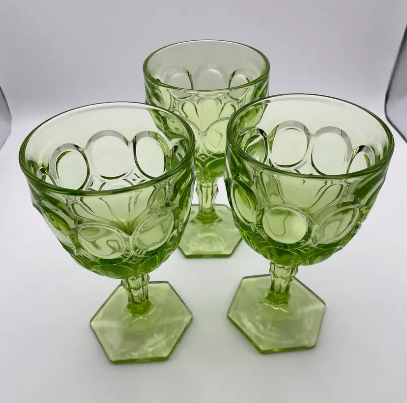 Vintage Fostoria “Moonstone”Lime Green Wine/Water Goblets Set Of 3