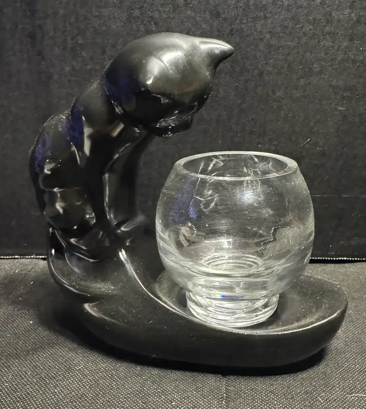 Vintage Haeger Pottery Black Cat Ceramic Sculpture with Glass Fish Bowl 8"