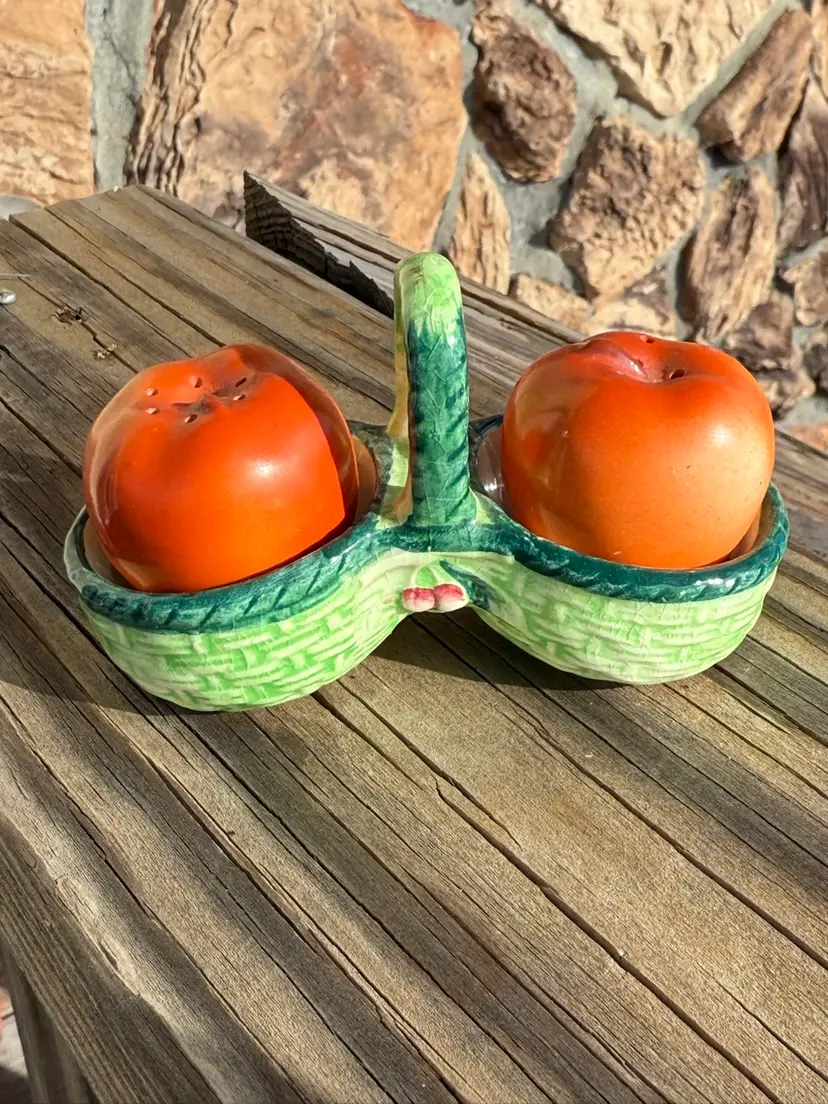 Occupied Japan Apple Salt & Pepper Shakers with Basket Stand