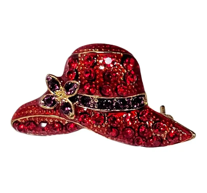 Vintage Red Hat Society Rhinestone Paved Brooch Pin Pendant Gold Tone