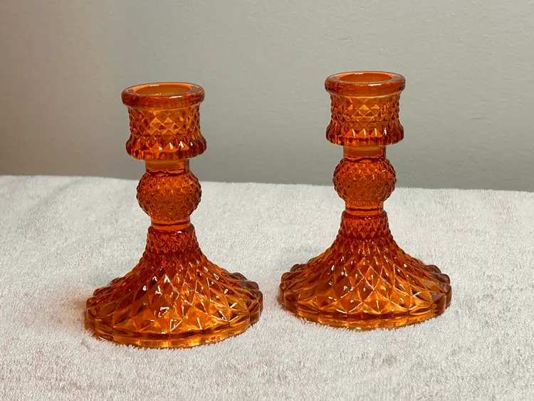 Annibells 2 Orange Vintage Harlequin Glass Candlestick Holders 4”x3”