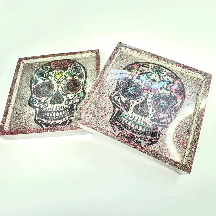 Sugar Skull Resin Coasters Square Glitter Accent 4x4” Made By Me Set Of 2