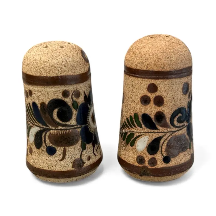 Vintage Tonala Folk Art Pottery Sandstone Floral Salt & Pepper Shakers