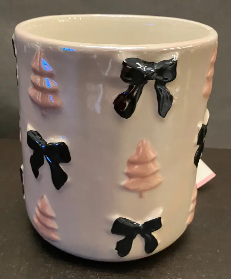 Peppermint and Pine Ceramic Mug Raised Pink Christmas Trees and Black Bows With Tag