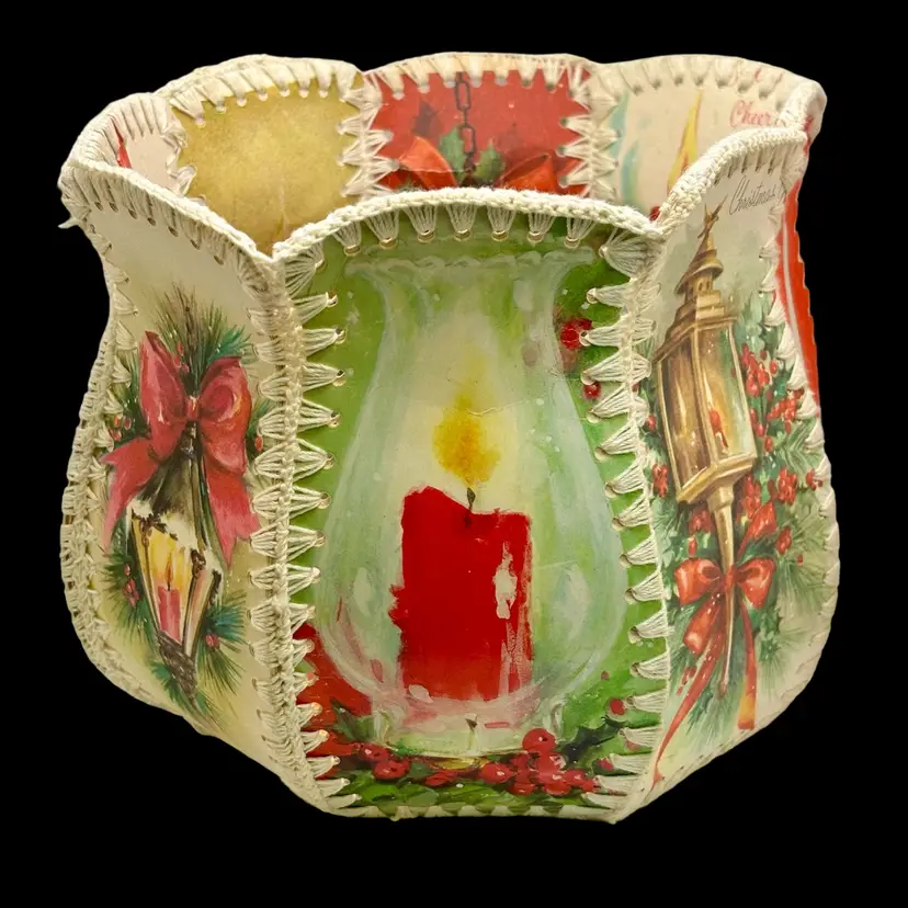 Handmade Crochet Christmas Greeting Card Basket Bowl Crochet 6 Sided VTG 6β