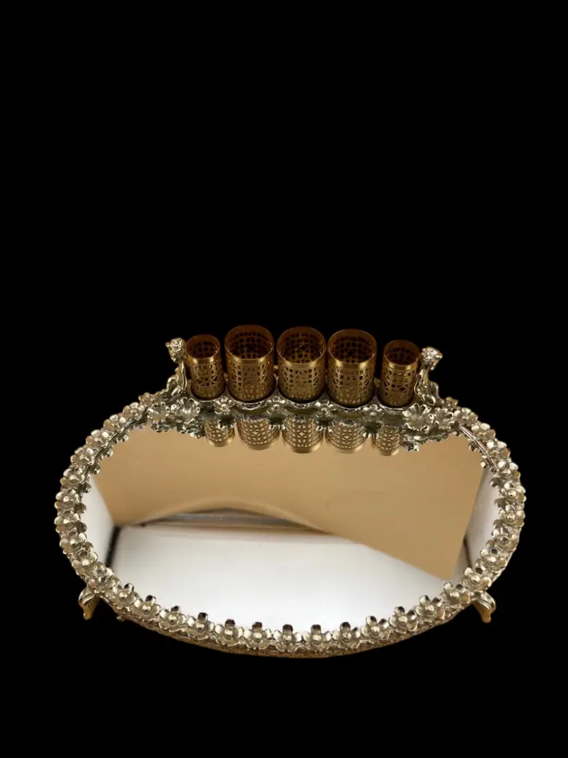 #01 Vintage Mirrored Vanity Tray W/ Cherubs, 5 Filigree Lipstick Holders