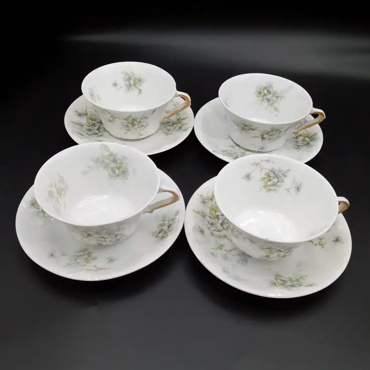 Antique Haviland Limoges 8 Piece Blue Floral Cup & Saucer Set, France
