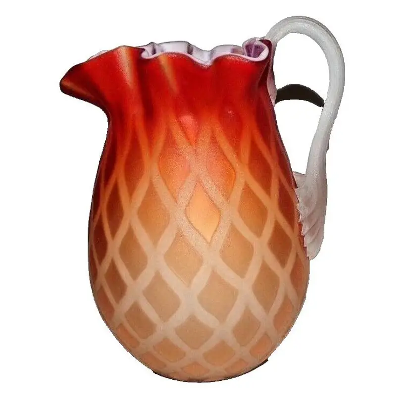 Vintage Italian Art Glass MOP, Cased Air Trap Glass Diamond Optic, Small Pitcher, Italy