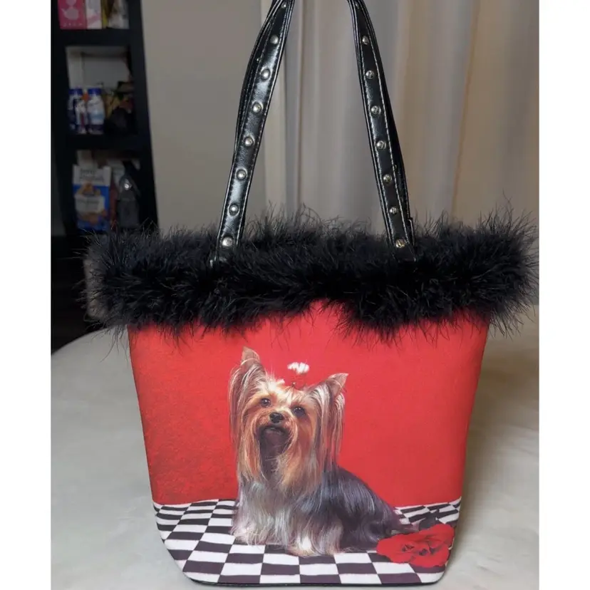 C. Marie Pet Collection Red & Checkered Yorkie Purse With Bone Zipper