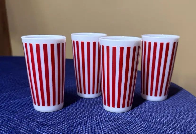 HAZEL ATLAS MILK GLASS RED CANDY STRIPE TUMBLERS Set of 4, 5” tall
