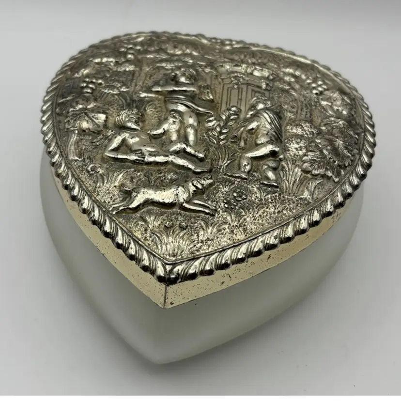 Vintage Frosted Glass and Silver Metal Heart Shaped Trinket  Vanity Box