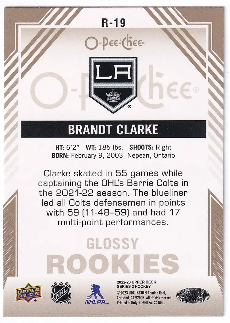 2022-23 Upper Deck O-Pee-Chee Glossy Gold #R19 Brandt Clarke Los Angeles Kings Hockey Card