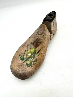 Vintage Cobbler Childs Wooden Upcycled Shoe Form Recipe Card Holder Mushrooms