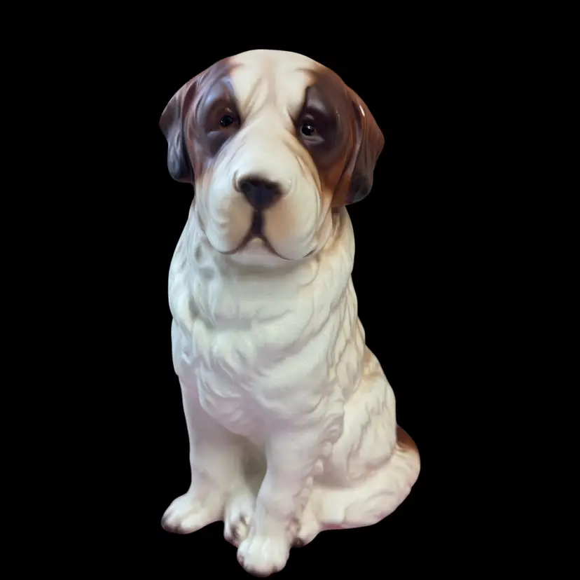 Vintage porcelain Saint Bernard dog figurine, likely made in Japan. 7”