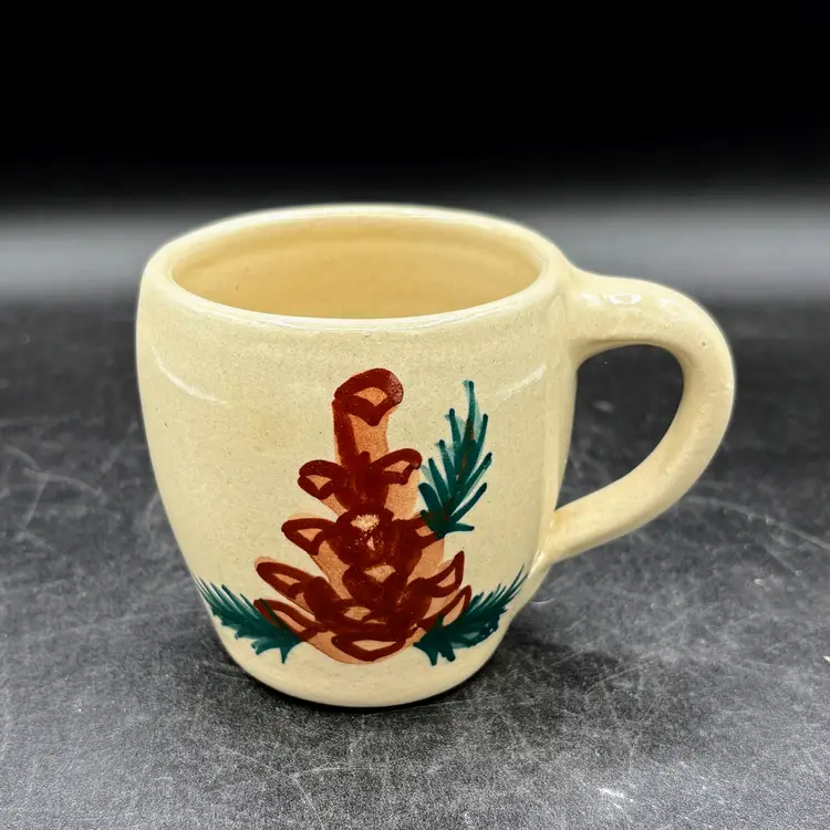 Paul Storie Marshall TX Studio Art Pottery Pinecone Mug 12 fl oz Hand Painted Christmas Winter