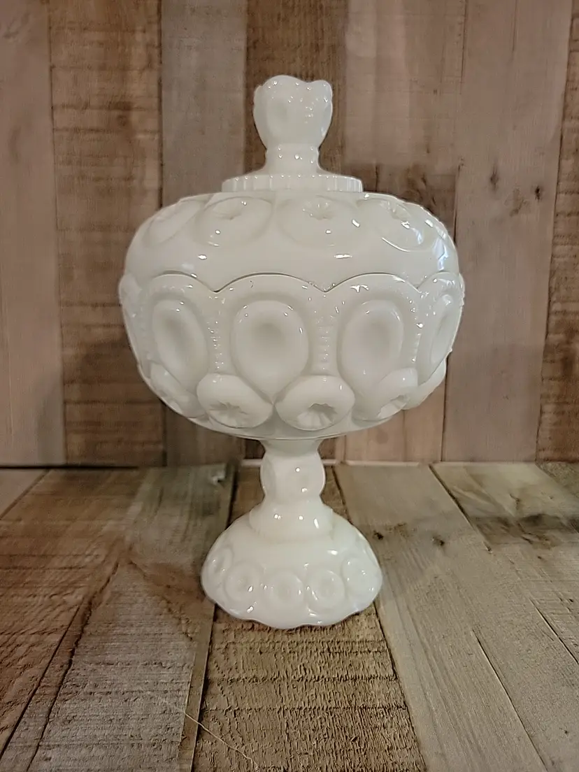 Moon & Star Milkglass L E Smith Glass Lidded Compote Dish White Covered Dish