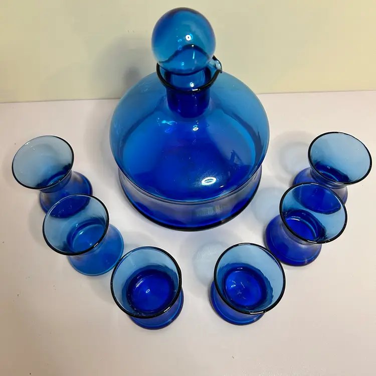 VTG Bohemian Blue Glass Decantur With Glasses 
