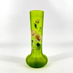 Vintage Frosted Green Bud Glass Vase Hand painted