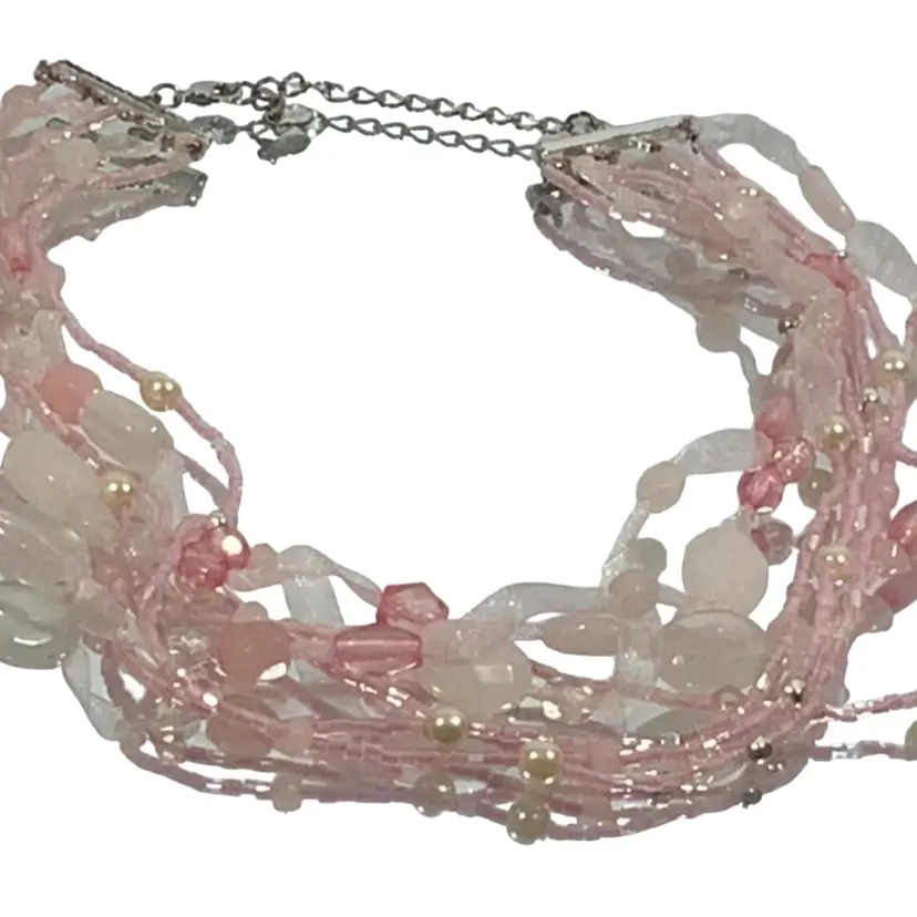 Vintage Monet Costume Jewelry Beaded Necklace Different Light Pink Hue Of A Hard Plastic Beads Ribbon And Silver Tone Extender Chain
