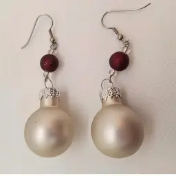 Christmas Ornament Earrings Silver Satin Ball Red Bead