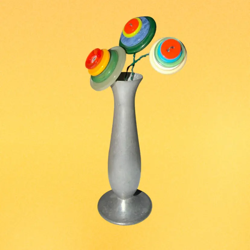 Small Vintage Pewter Bud Vase With 3 Button Flowers Made By Me!