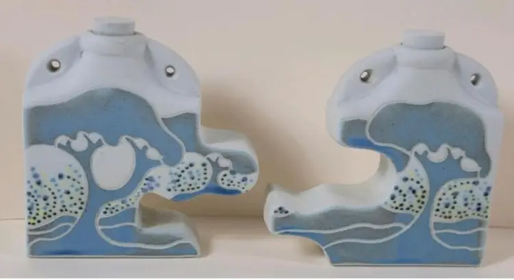 #01 Vintage Signed JMC Handmade Pottery Conjoined Jigsaw Small Bottles with Original Pottery Stoppers - 3 InchesTall