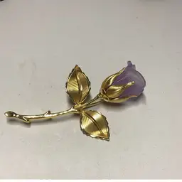 Purple & Goldtone Rose Brooch 3” Lucite