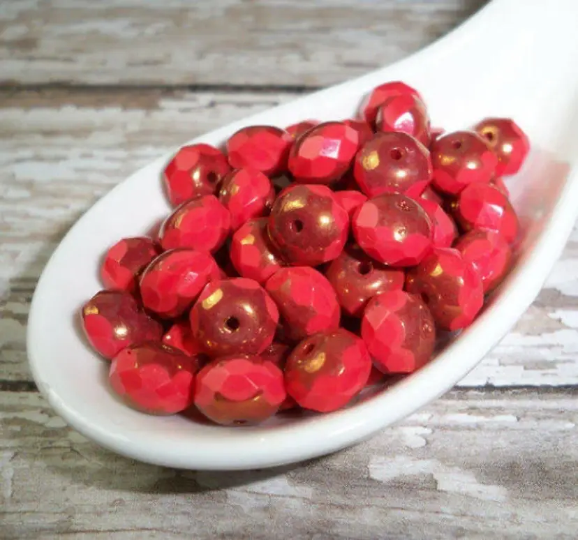 10pcs Czech Glass Rondelles, Coral with Copper Ends #BC137