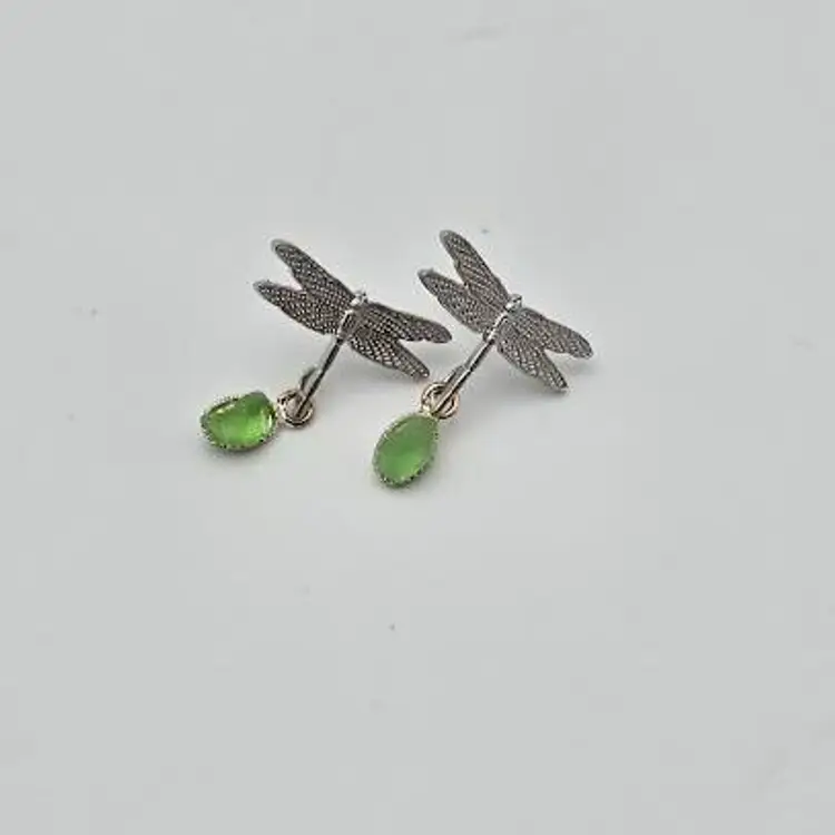 Pair of Maine Sea Glass & Dragonfly Earrings, NN Artist Made