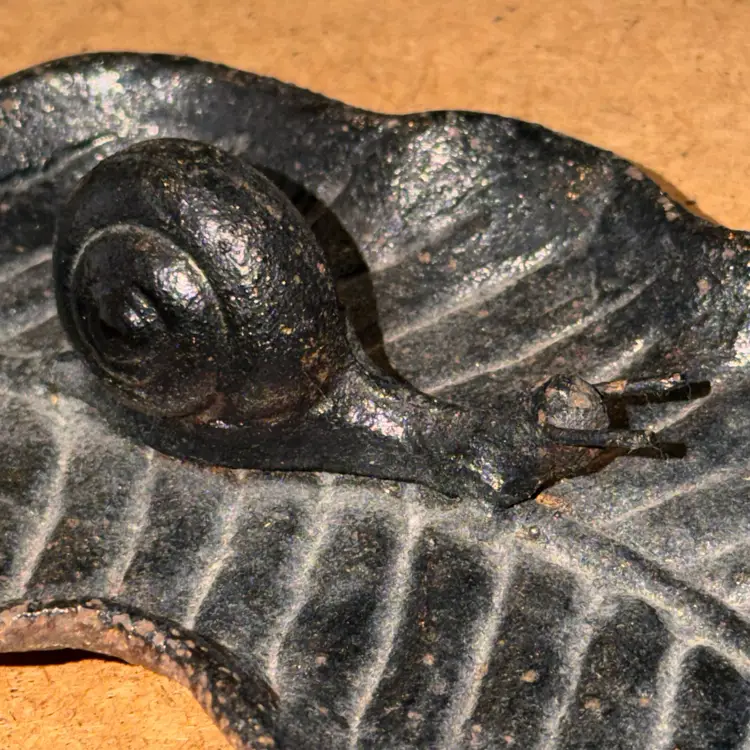 Vintage Cast Iron Snail Leaf Dish Signed Dated Japan Rustic Garden Decor
