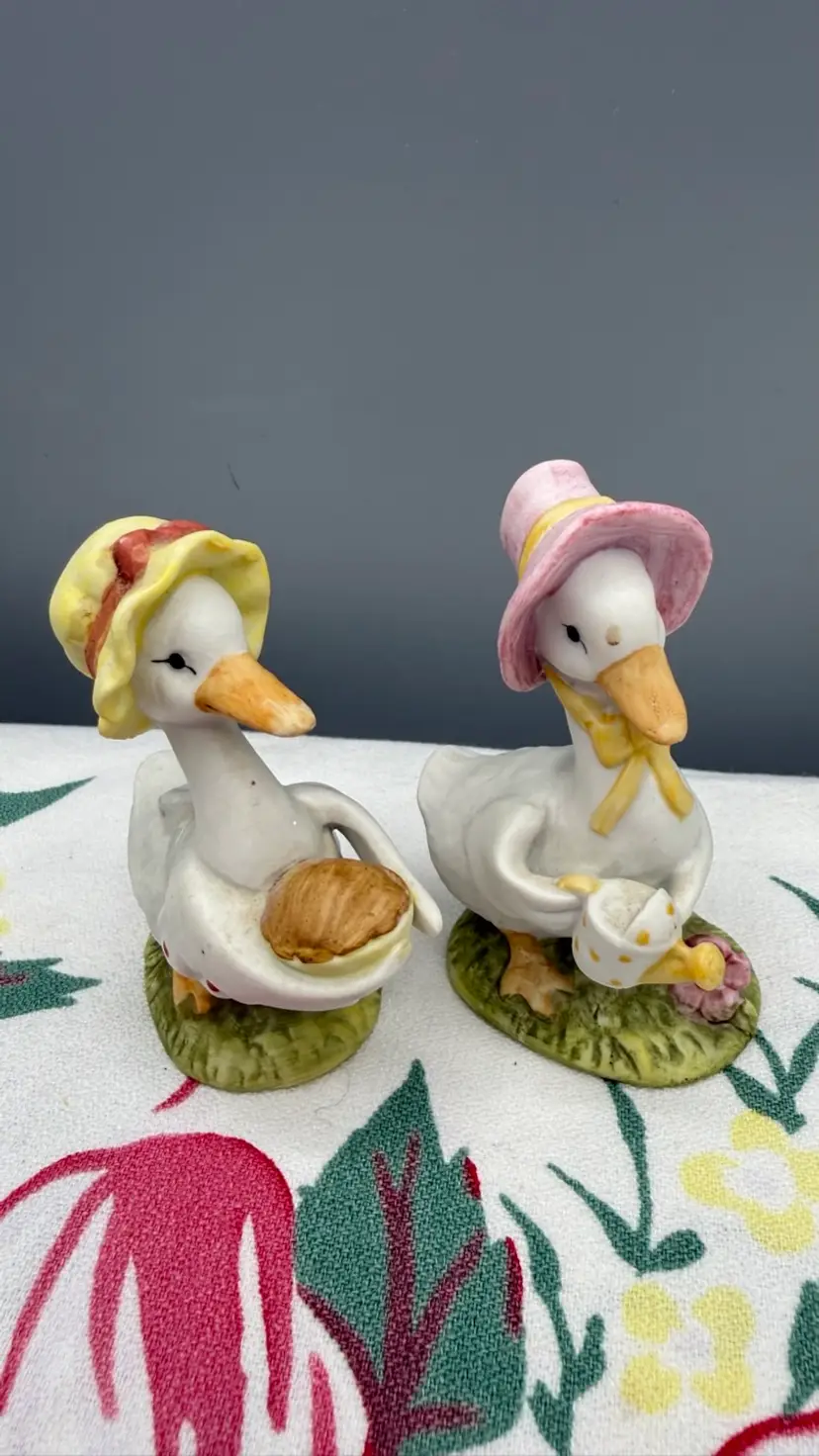 Vintage Lefton Mother Goose Bisque Figurines - Set of 2: Gardener with Watering Can & Baker with Pie - #02348