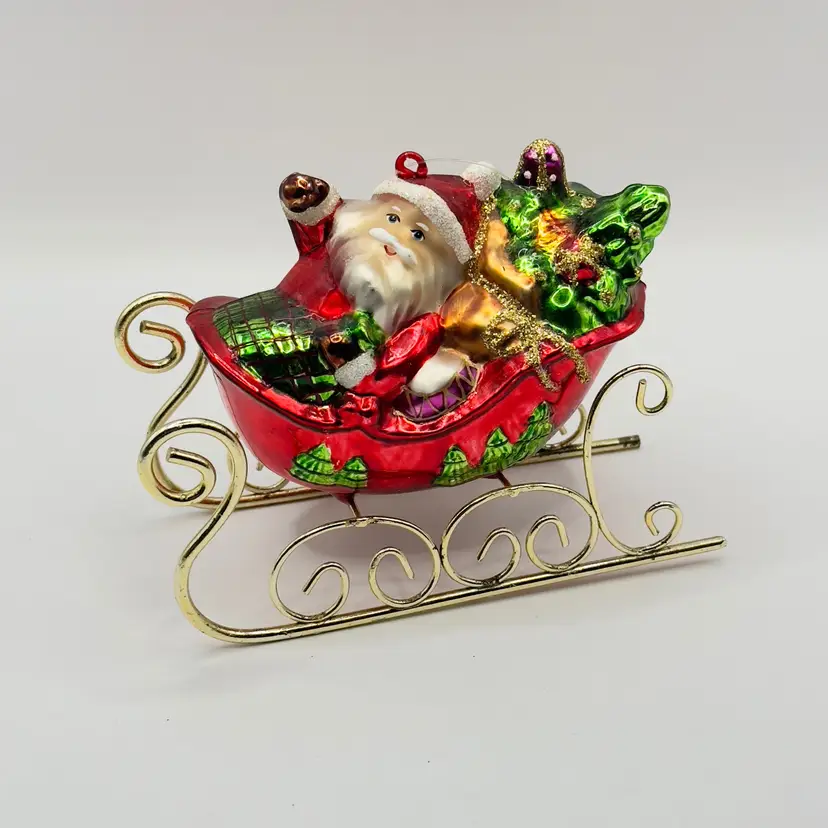 Vintage 1990’s Santa Claus Sleigh Christmas Ornament, Festive Holiday Decor, Hand Blown Glass, Unbranded