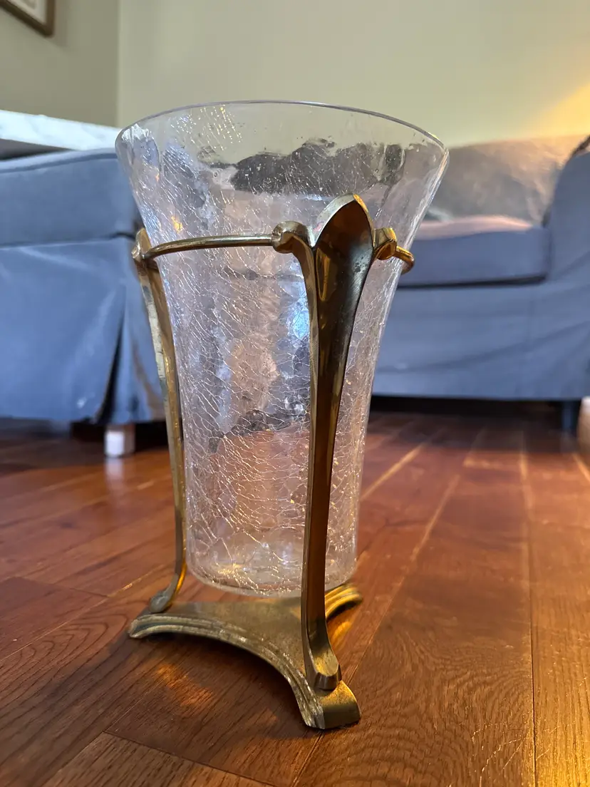 Vintage lacquered brass and crackled glass vase