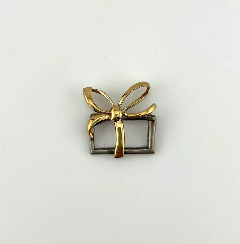 Vintage BAB Sterling Silver and Gold Tone Gift Box Brooch 1.25”