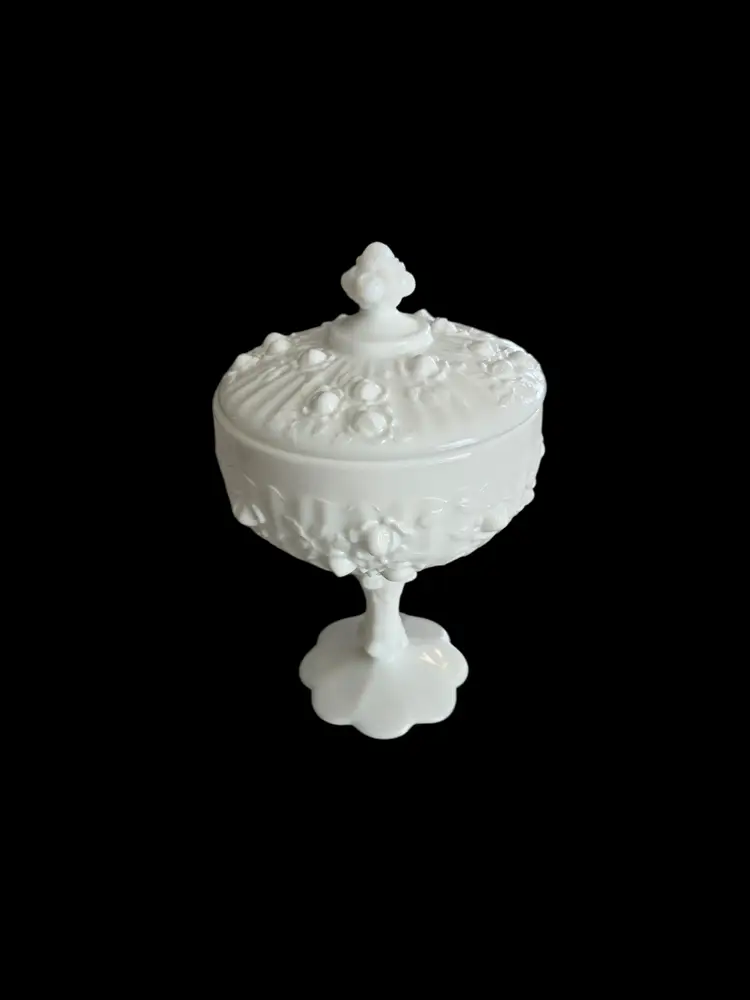 Fenton Milk Glass Cabbage Rose Covered Candy Dish