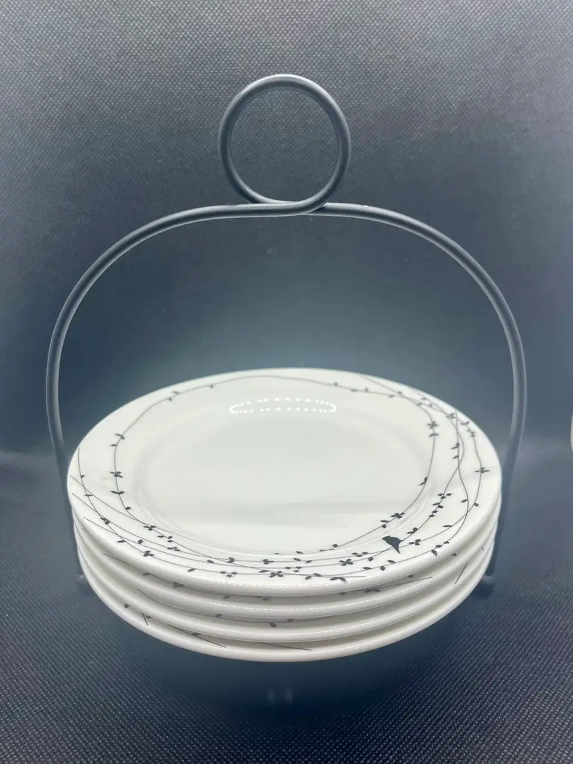 Set of 4 Ciroa Oiseau Black Bird on a Wire porcelain small plates with Metal Stand